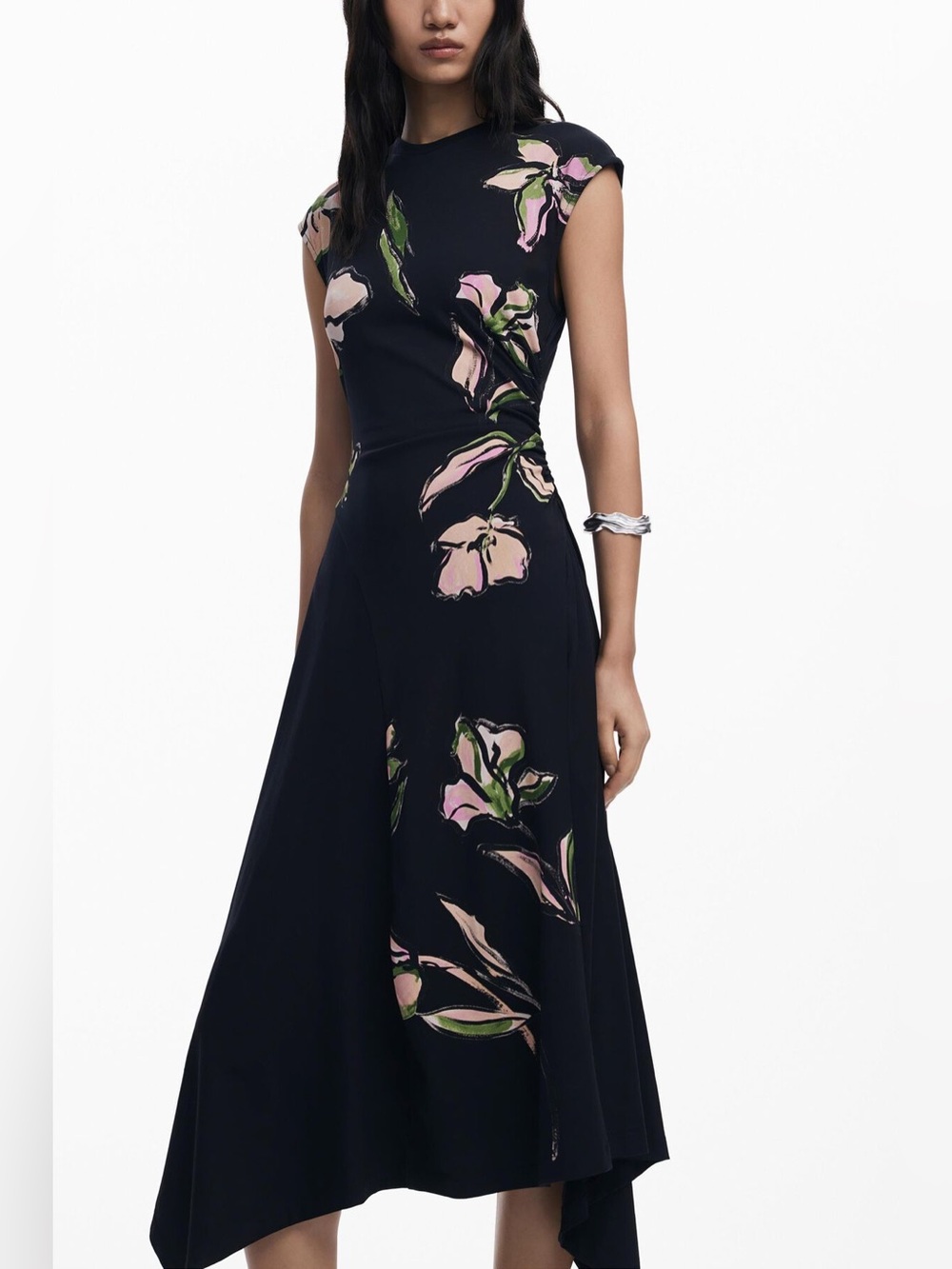 Desigual Irregular Floral Midi Dress Women’s XL Black Asymmetrical NWOT - Picture 3 of 10